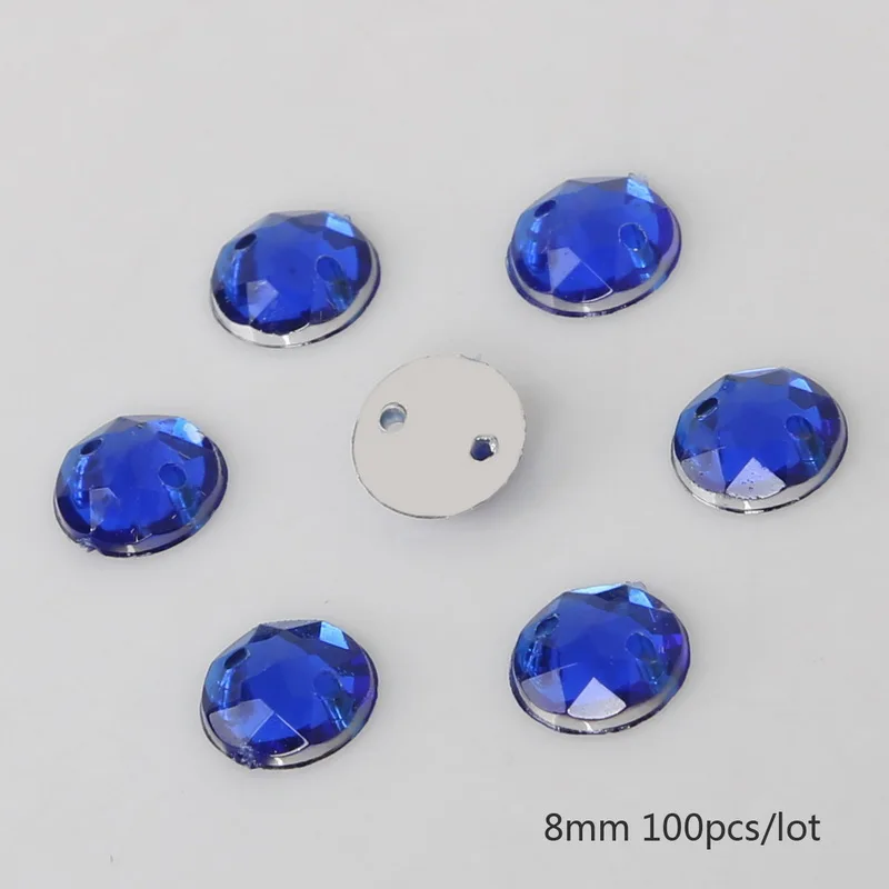 Blue 100 шт 8 мм плоские стразы для шитья два отверстия круглые акриловые бусины пришивные стразы хрустальные камни для украшения одежды своими руками - Цвет: Blue