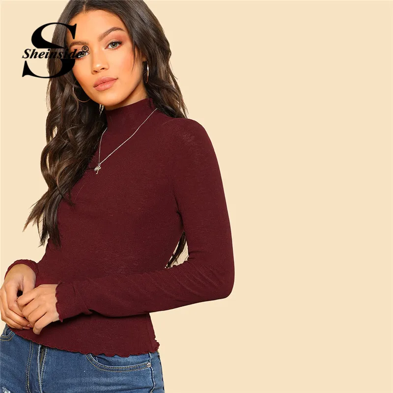 Sheinside Burgundy Casual T-shirt Solid Long Sleeve Slim Fitted Ladies Tops Womens Clothing Autumn Elegant Tee