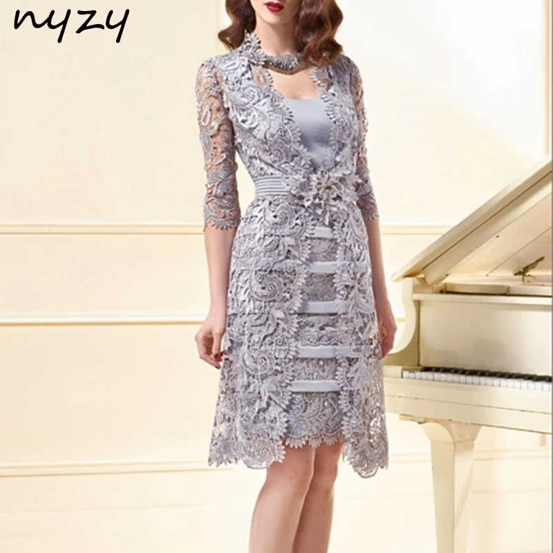 NYZY M39 серебряное кружевное коктейльное платье из двух частей с жакетом Болеро vestidos coctel свадебное платье для гостей вечерние платья