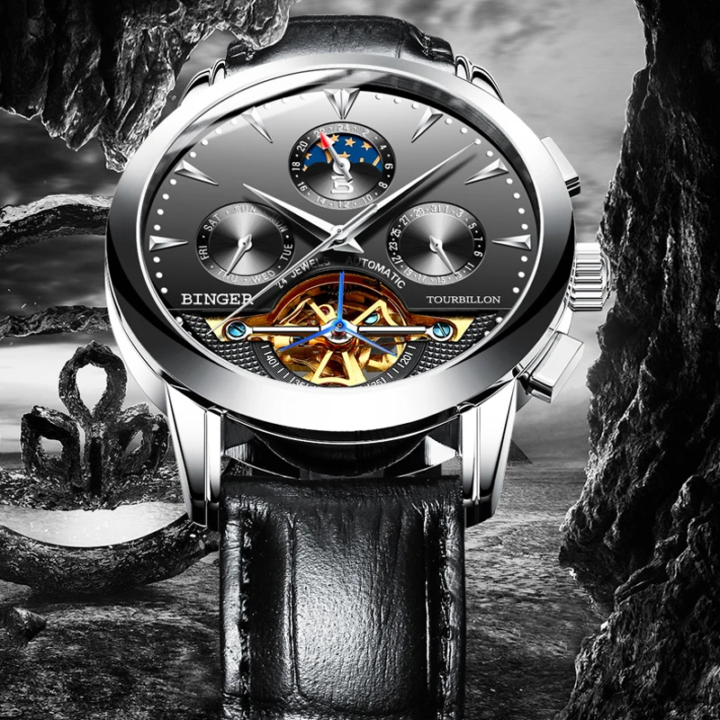 

Luxury Switzerland BINGER Brand Men Watch Automatic Self-wind Waterproof Stainless steel Mechanical Fashion Tourbillon Watch Men