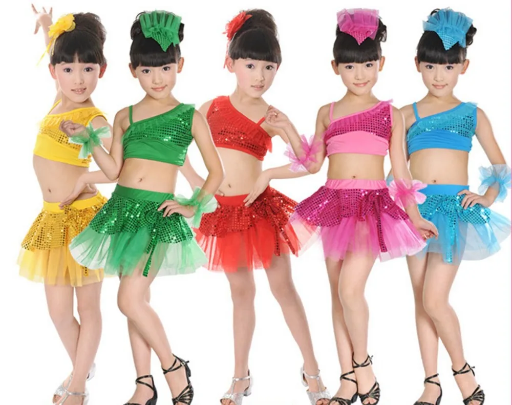 New Performance Stage Sequined Jazz Ballet Latin Two Piece Girls Kids Children Dancewear Dance Tutu Dress S3184 | Детская одежда и