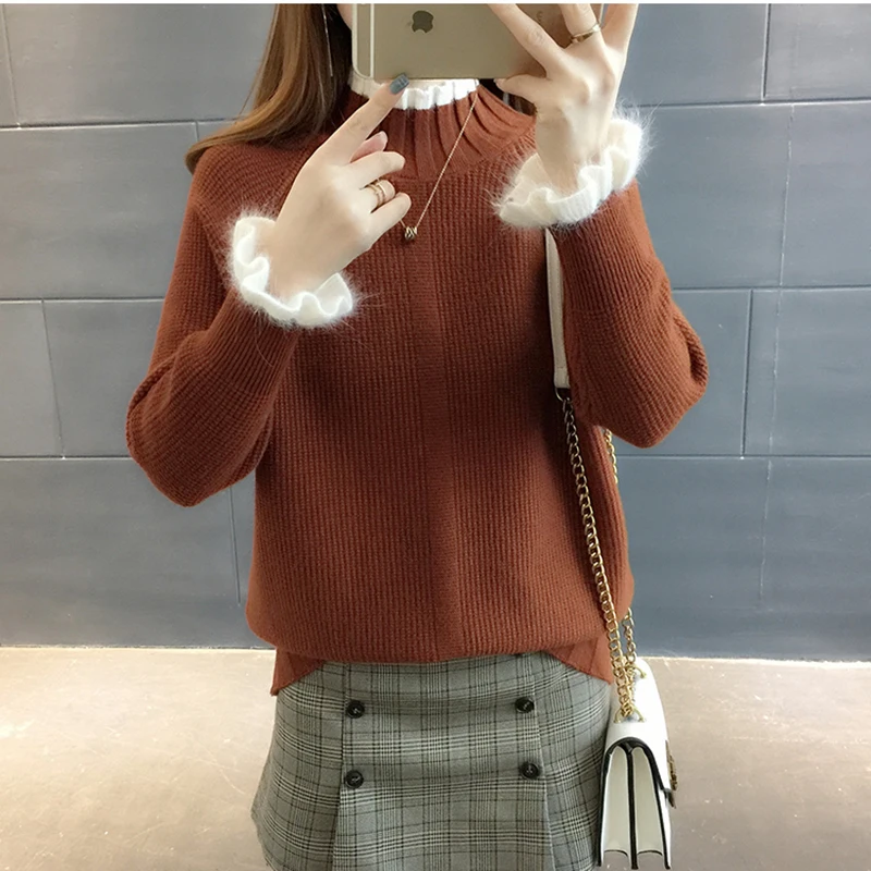 Women Sweaters Pullovers 2019 Autumn Winter Ruffles Sleeve Turtleneck Tops Knitwear Pull Femme Casual Woman Sweater Pullover | Женская