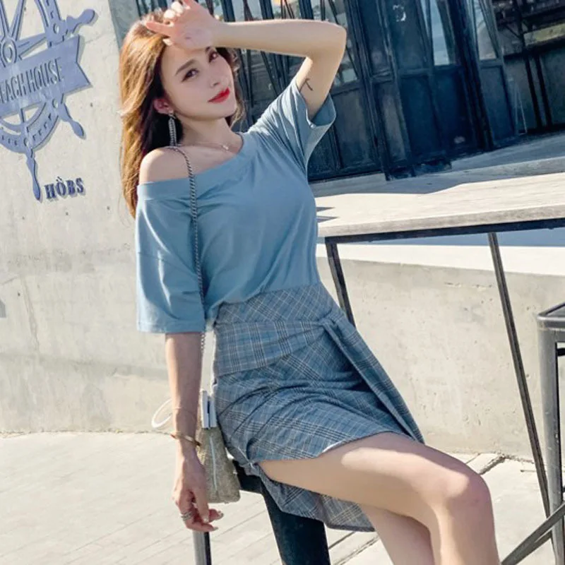 

Plus SIze Korean Elegant Two Piece Set Slash Neck Blue Tshirt and Corset Mini Print Plaid Skirt Summer 2019 Women 2 Piece Set