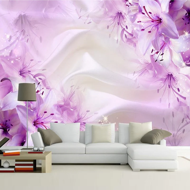 Пользовательские фиолетовые шелковые обои с цветами для гостиной | Обои -32800763357