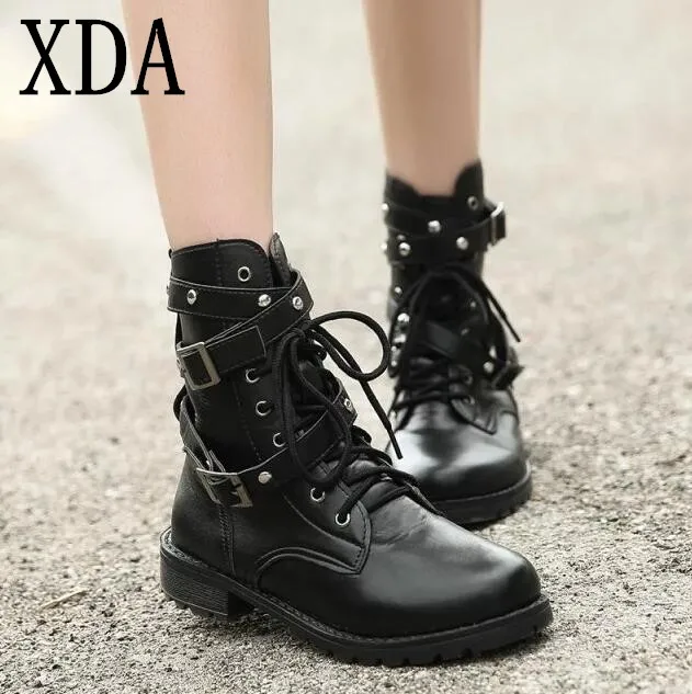 

XDA 2019 Motorcycle Boots Ladies Vintage Combat Autumn Boots Army Punk Goth women boots Women Biker PU Leather Short Boots