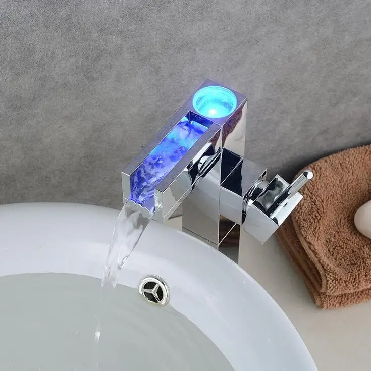 3 Colours change bathroom water basin faucet mixer Brass single hole LED Chrome plated waterfall | Обустройство дома