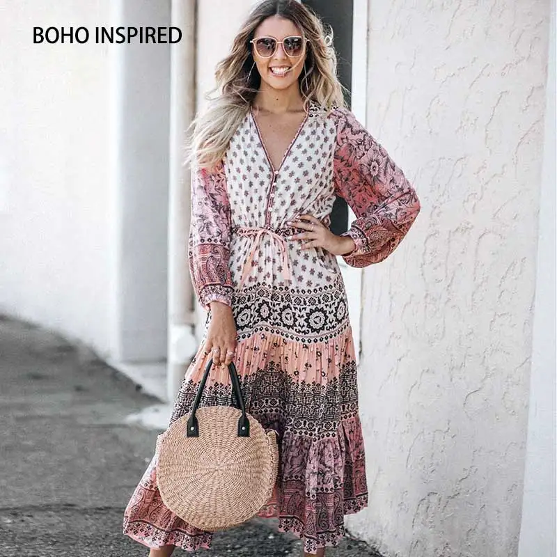 BOHO INSPIRED rayon богемное Цветочное платье с длинным рукавом кулиской на талии длинное