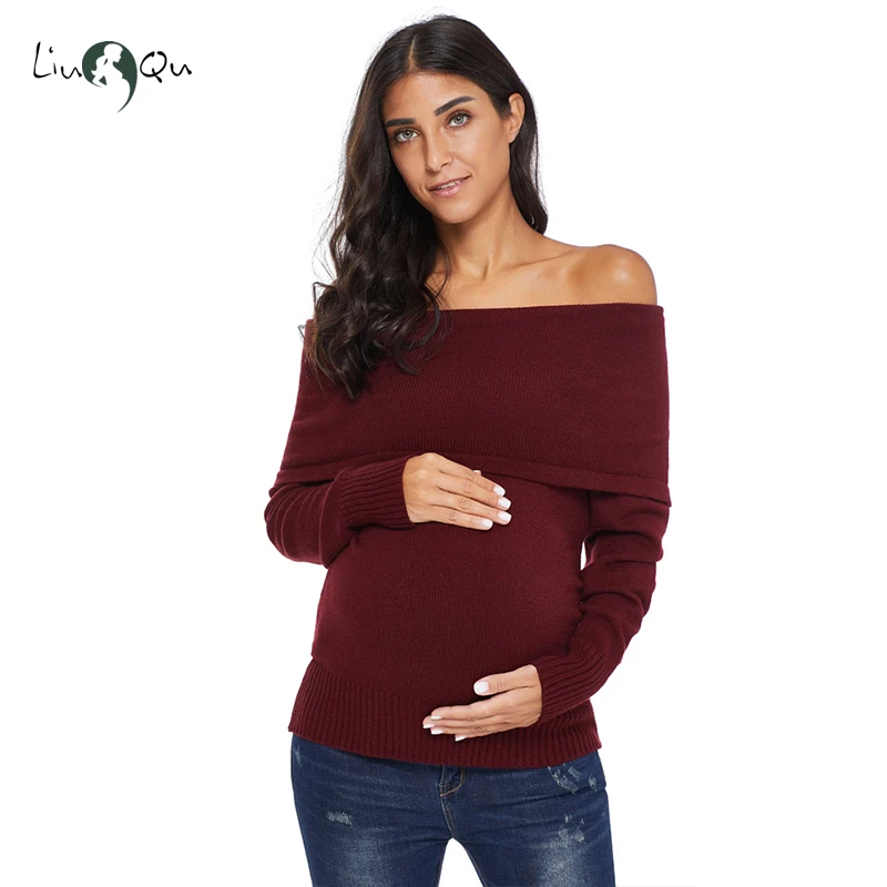 Вязаный пуловер для беременных свитер с открытыми плечами вырезом лодочкой