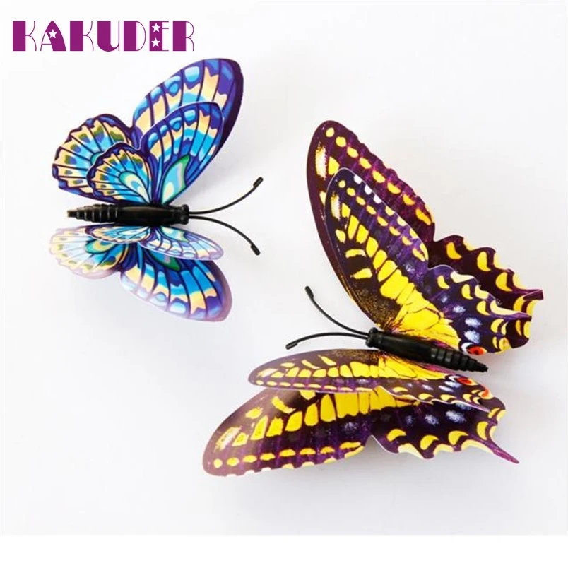 Kakuder vinilos decorativos para 12 шт 3D наклейки на стену двухслойные светящиеся бабочки
