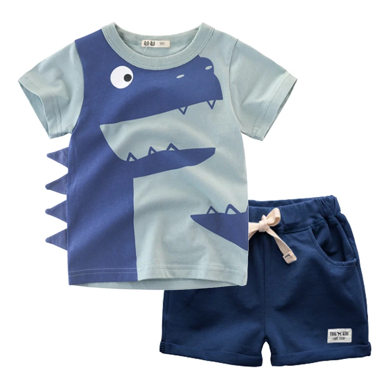 BINIDUCKLING Summer Boys Kids Clothes Cartoon Dinosaur O-Neck T-Shirt+Shorts Pure Cotton Children Boy Clothing Set 2T 3T 4T 5T | Детская