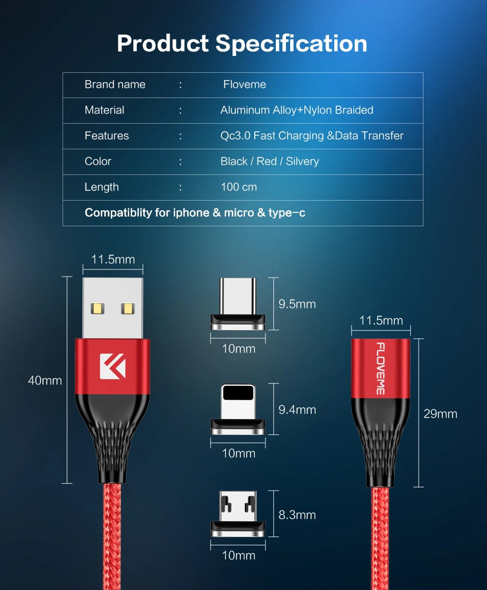FLOVEME 3A магнитный кабель USB Тип Кабеля C Micro USB кабель для iPhone 1м провод для быстрого заряда светодиодный магнитная зарядка