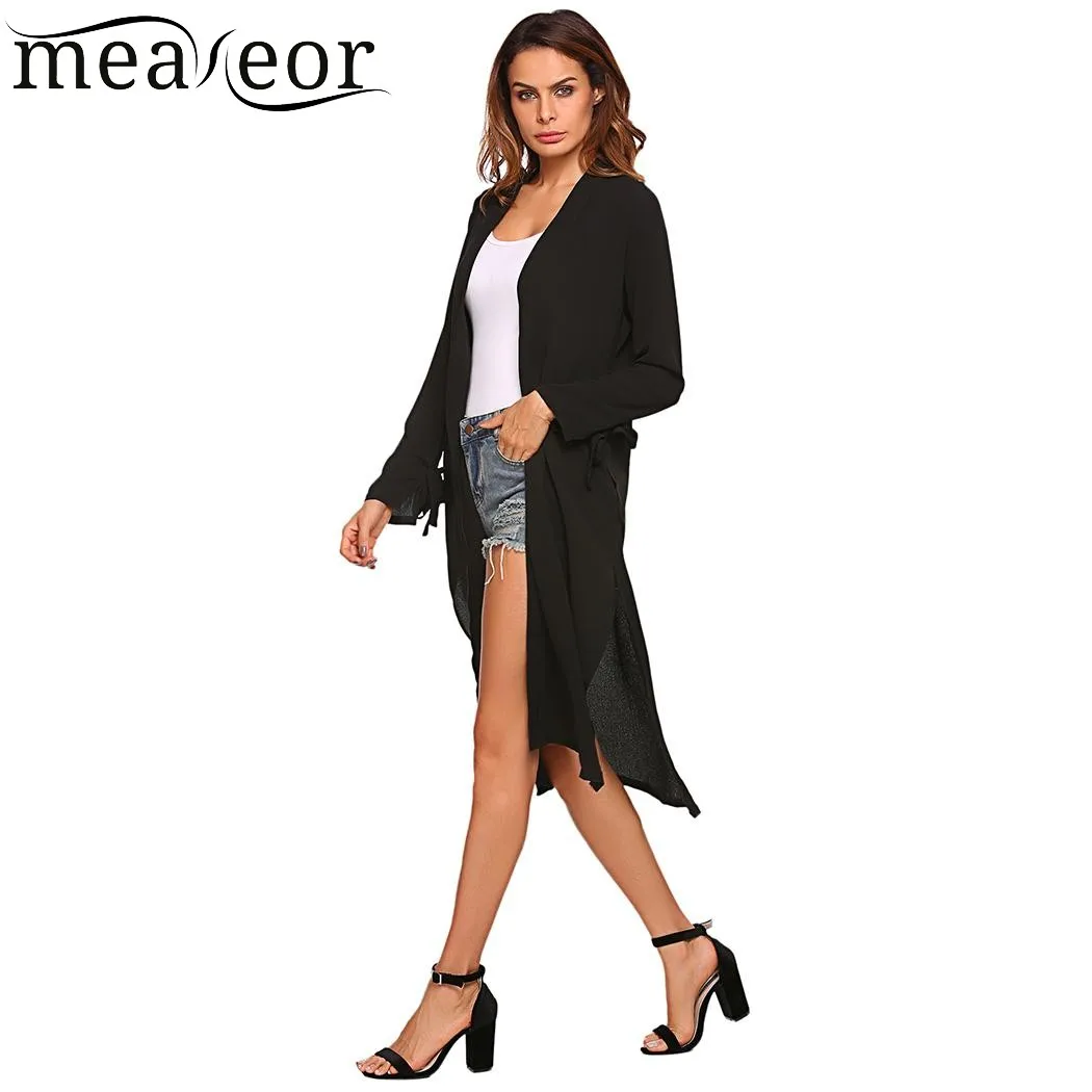 Meaneor женский длинный кардиган тонкий открытый передний разрез подол осень