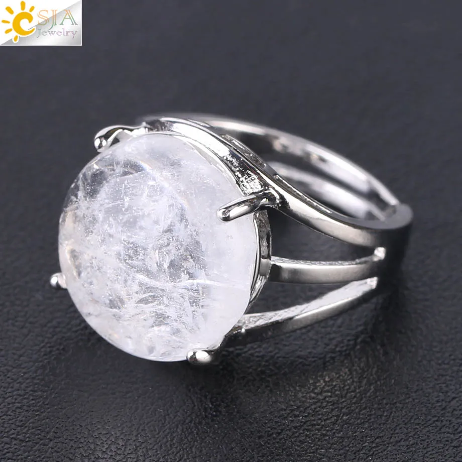 White Crystal CSJA уникальное кольцо для женщин, натуральный камень, круглые бусины, повседневные кольца на палец, Фиолетовый Кристалл, кварц, серебряный цвет, вечерние ювелирные изделия F476 - Цвет основного камня: White Crystal