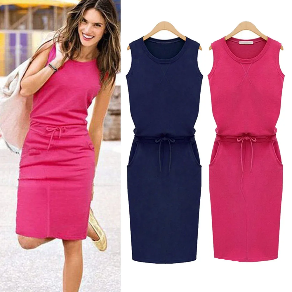 new Summer Dress Casua Womens Holiday Sleeveless Pockets With Belt Pencil Sundress Ladies Beach Casual Party 2021 | Женская одежда