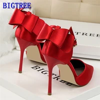 bigtree solid silk sweet butterfly knot women shoes pointed toe high heels shoes shallow womens fashion wedding shoes