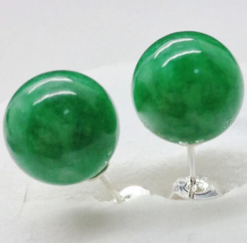 

ry00621 Genuine 10mm Natural Green Jadeite Jade Silver Stud Earrings A0422 -Bride jewelry free shipping