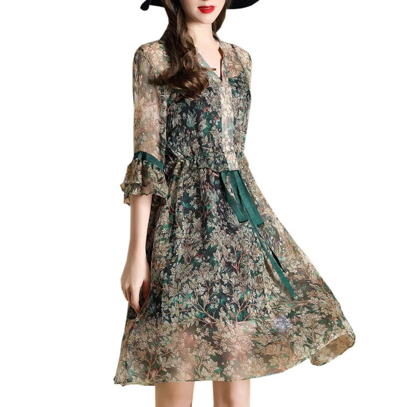 Летнее шелковое свободное платье 2019 женское двойка с имитацией рисунка летнее