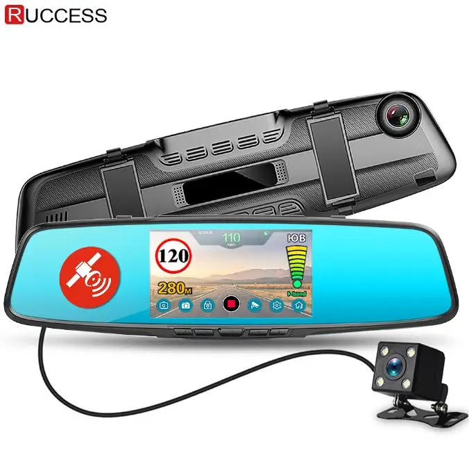Ruccess Автомобильный видеорегистратор 3 в 1 зеркальная камера gps Радар детектор авто видео регистратор Full HD 1080P камера заднего вида с двумя объективами - Название цвета: Черный