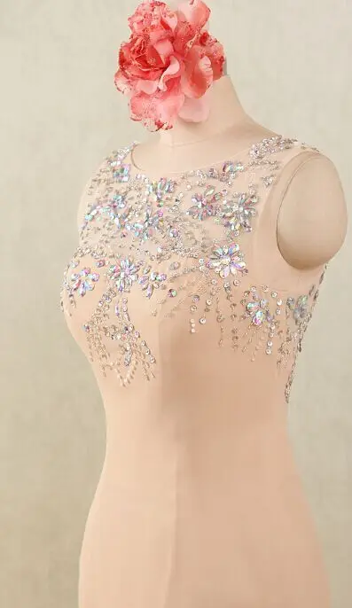 A-Line Champagne 2017 Hot Sale O-Neck Long Chiffon Prom Dresses With Crystal Beads Plus Size Party Dress Custom Made | Свадьбы и
