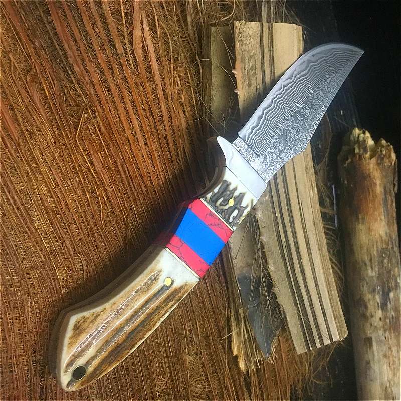 Магическое поле пик дамасский стальной прямой нож Олень Рог+ пять цветов камень прямой нож коллекция Походное Снаряжение