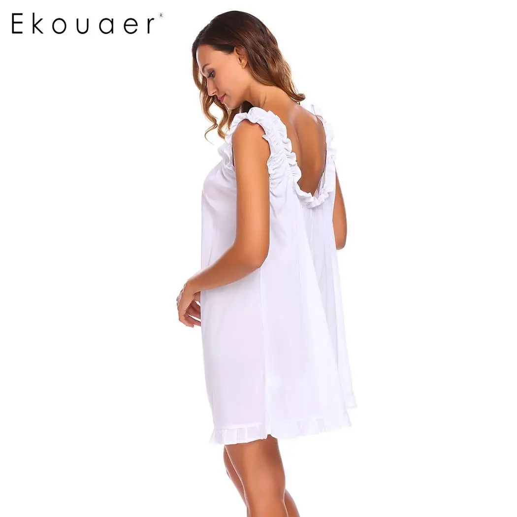 Ekouaer Nightgown Elegant Nightdress Casual Round Neckline Sleeveless Front Lace Up Sleepwear Solid Loose Ruffles Sleep Dress | Женская