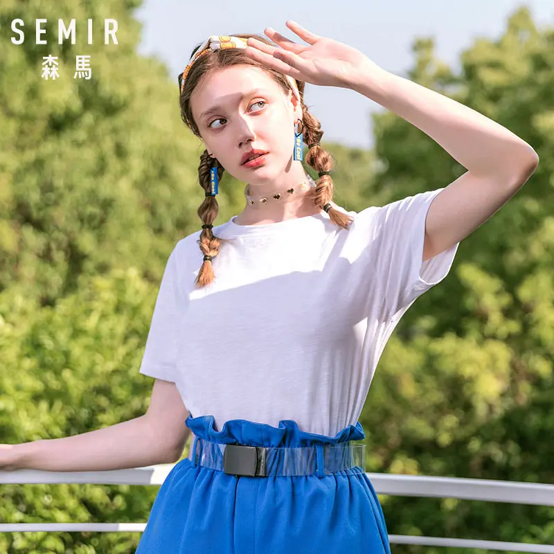 white SEMIR, женская футболка, одежда с круглым вырезом, короткий рукав, женская футболка, хлопковые топы, mujer verano,, Повседневная летняя модная футболка - Цвет: white
