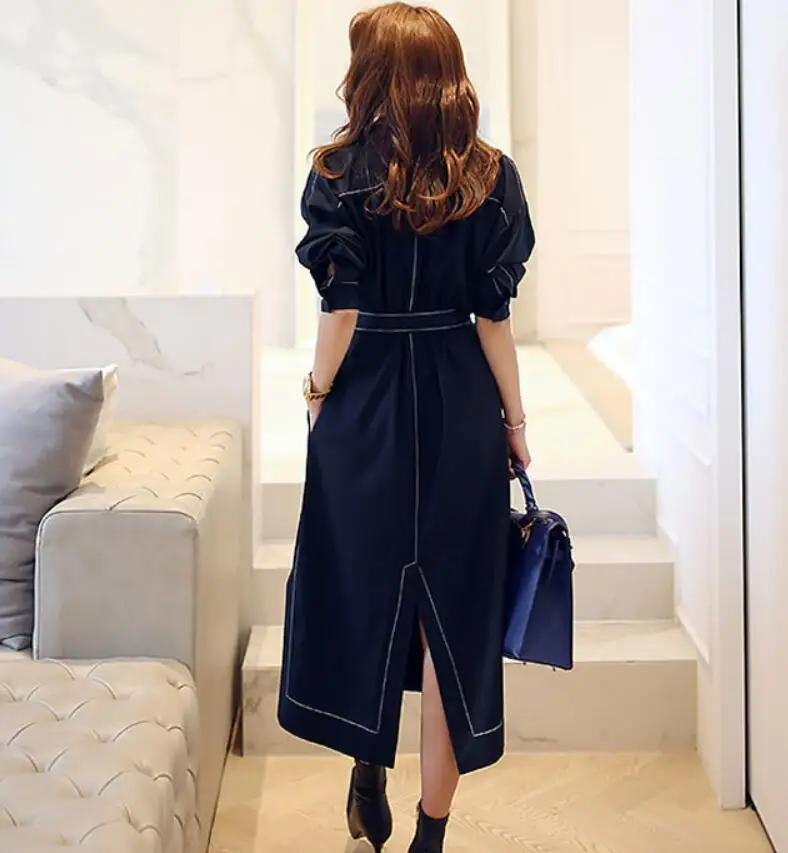 

2019 autumn OL fashion Turn-down Collar Single-breasted long dress long sleeve slim waist Split ends Dresses With Belt p1381