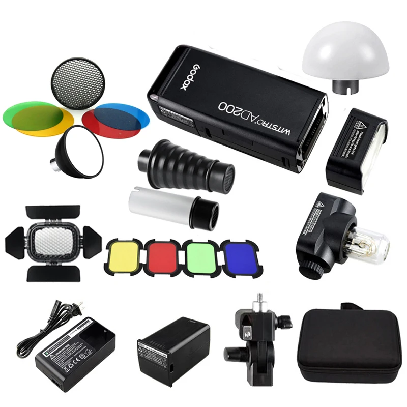

Godox AD200 200Ws 2,4G TTL карманная Вспышка Speedlite HSS стробоскоп двойная световая головка + аккумулятор + Рефлектор цветной фильтр тубус диффузор
