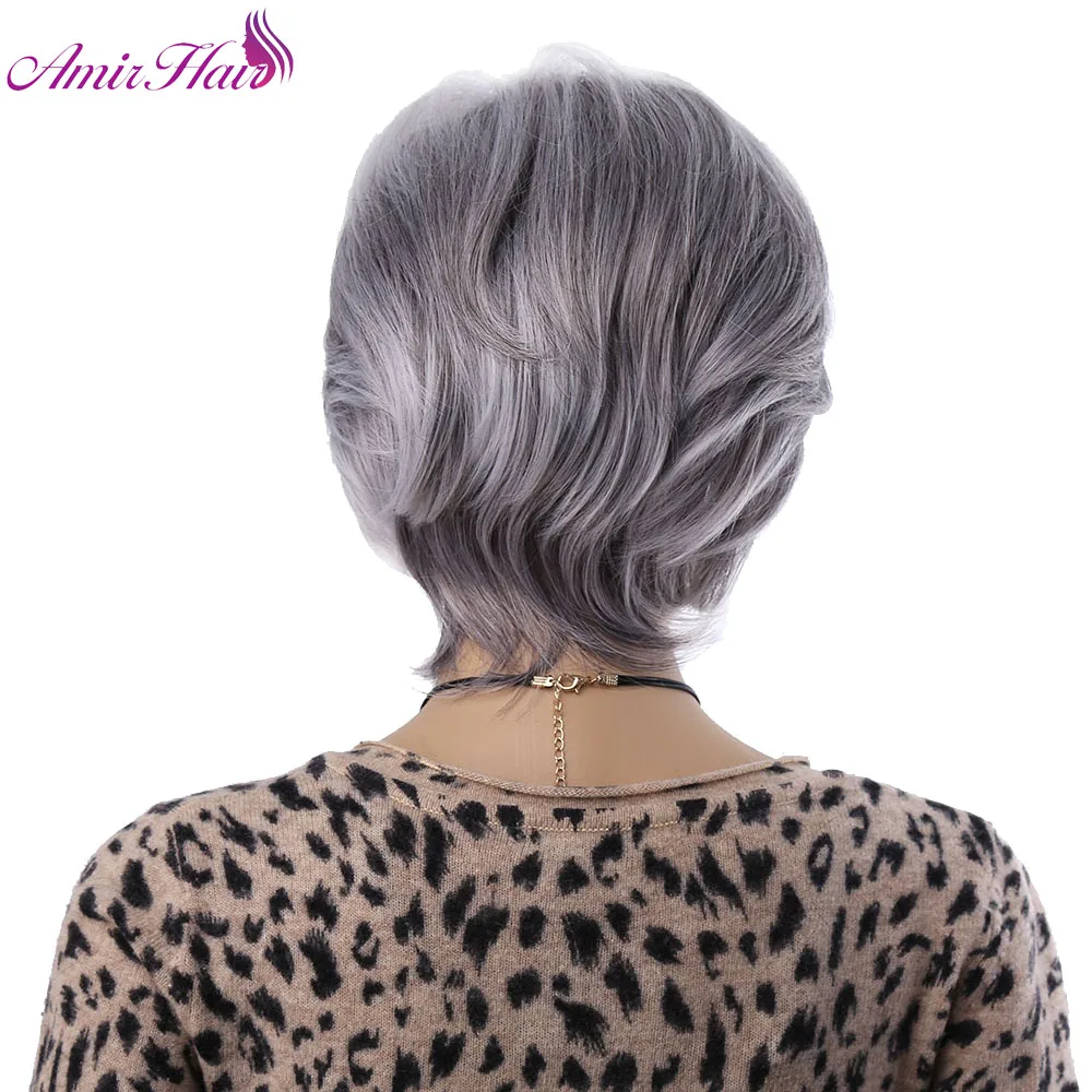 Amir Synthetic Grey Hair wig for Women Short Wigs with Bang Synthetic Gray Hair Straight Style Olded Wig Cosplay