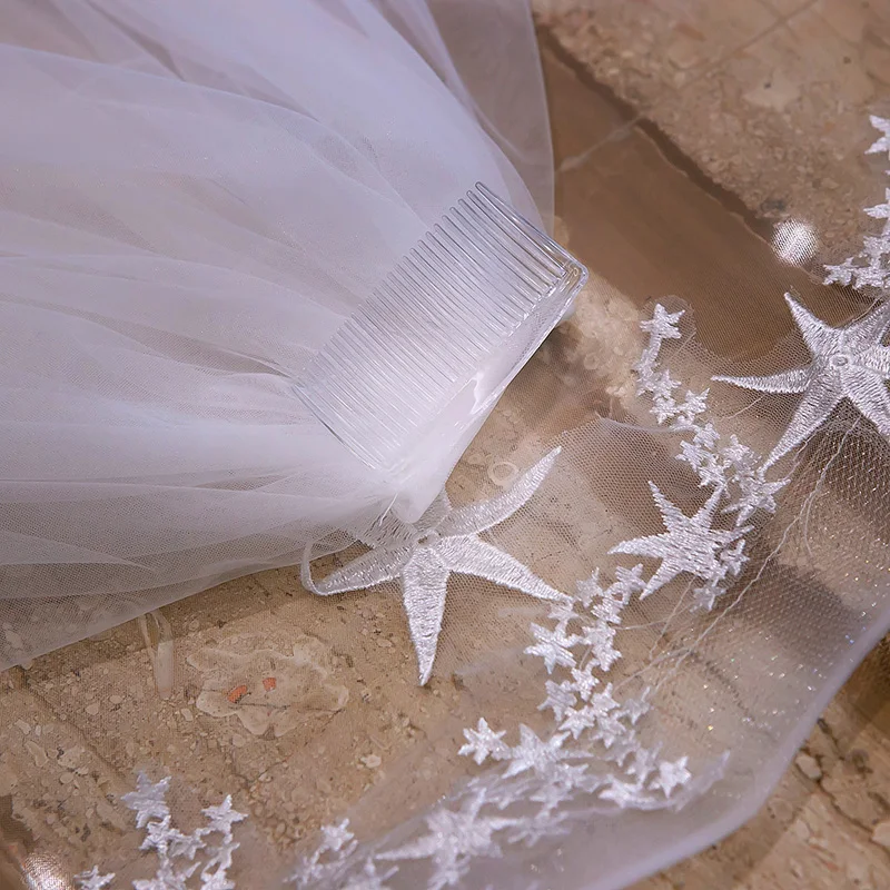 

2018 New Ivory 3M Wide 3.5M Long Two-layer Bridal Veils Star Appliques Cathedral Wedding Veil With Comb Spring Edge Veu De Noiva