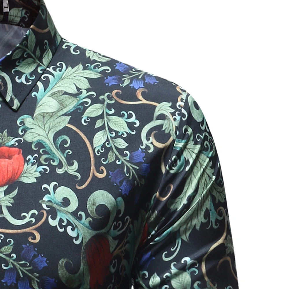 Mens Shirt Male Casual Slim Retro Floral Printed Shirts Long Sleeve Korean Cardigan Business Fashion Classic Men Dress 2018 | Мужская