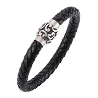 newest simple bracelet men jewelry black braided leather bracelet vintage stainless steel magnetic clasps male wrist band sp0085