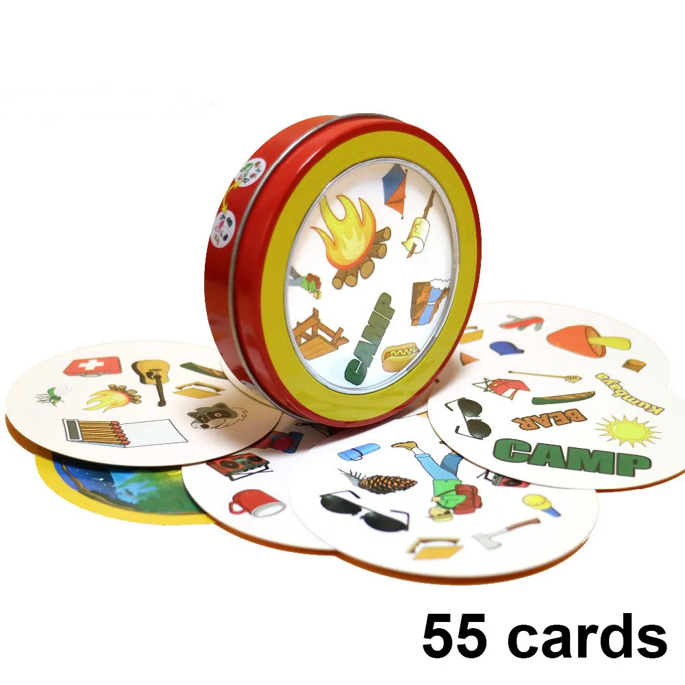 camping Игральные карточки с символами, 80 мм, английская версия, Обучающие игрушки с металлической коробкой для семейных мероприятий, вечеринок, наслаждайтесь настольными играми - Цвет: camping