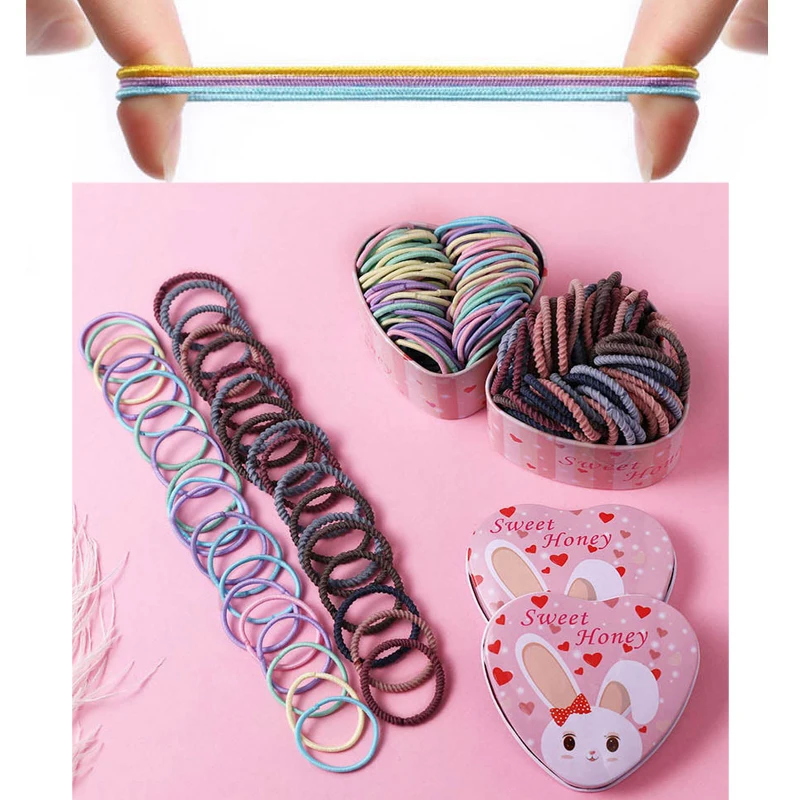 50 шт./компл. красочные эластичные повязки для волос девочек с железной коробкой
