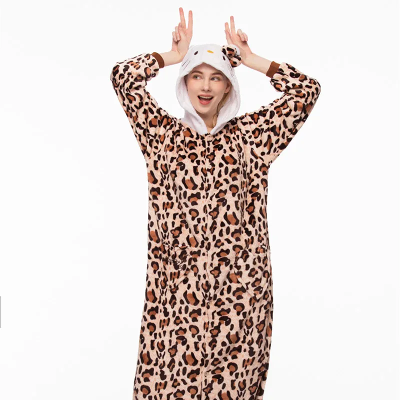 Bow Cat Kigurumi Onesie Adult Women Animal Pajamas Suit Flannel Warm Soft Sleepwear Onepiece Winter Warm Pijama Cosplay