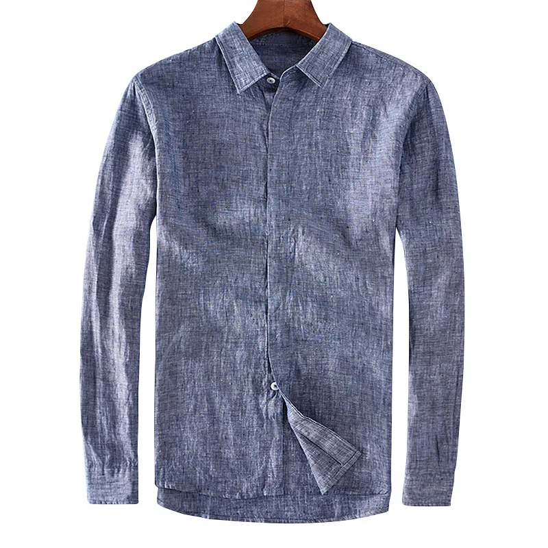

CO new spring season 2019 men long sleeve shirt linen yarn-dyed leisure square collar Hemp material shirt