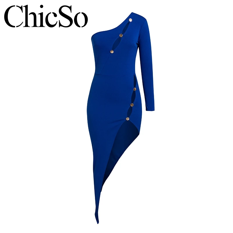 MissyChilli Long sleeve one shoulder midi dress women Coin button hollow out Summer sexy slim bodycon club black | Женская одежда