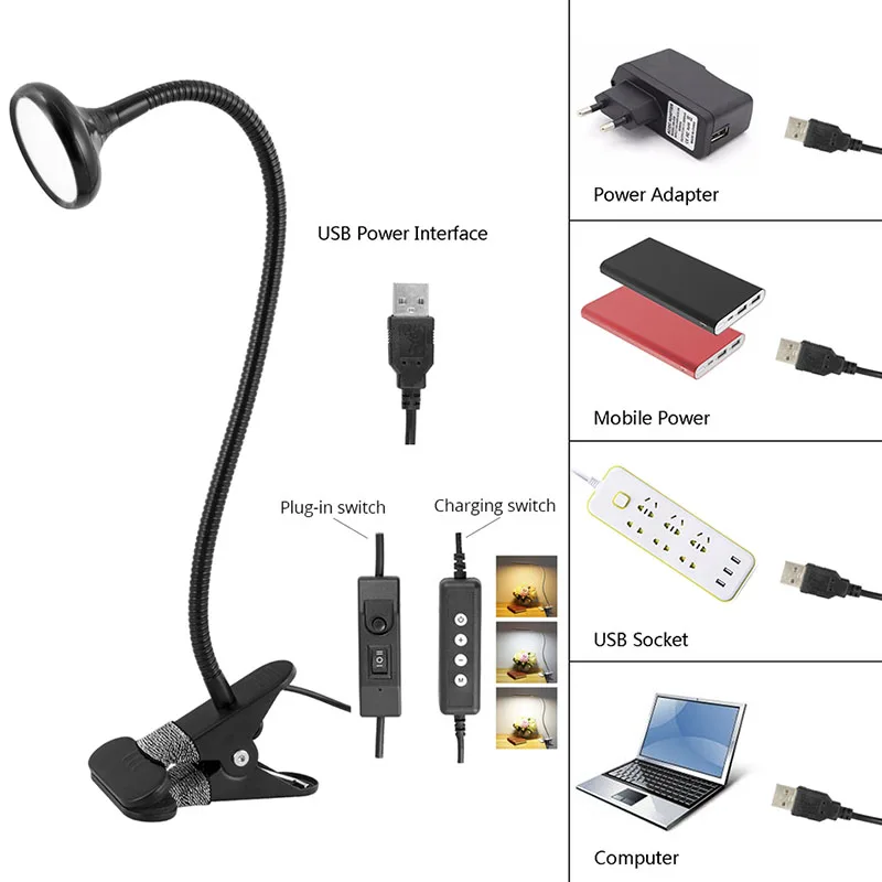 TZ Table Lamp Usb LED Clip Rechargeable Dimmable Gooseneck Reading Desk Book Light For Bed Office Study Desktop 5DV 3W Aluminum | Лампы и