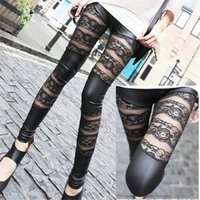 new fashion lace patchwork artificial leather close fitting pants leggings black for women girls pantalon femme