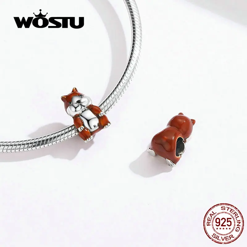 WOSTU хомяк, домашнее животное, бусы, 925 пробы, серебро, коричневый, эмаль, животное, шарм, подходит для оригинального браслета, ожерелье, серебро 925, ювелирное изделие CQC1167