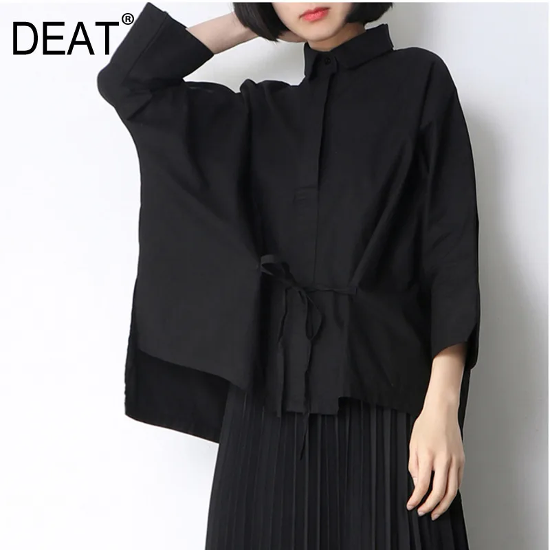 DEAT 2020 new fashion women turn-down collar three-quarter sleeve batwing loose wide blouse shirt with rope pulling top WB5630 | Женская
