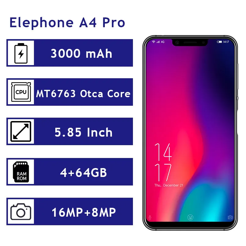 Elephone A4 Pro смартфон с восьмиядерным процессором MT6763 ОЗУ 4 Гб ПЗУ 64 ГБ 3000 мАч 16