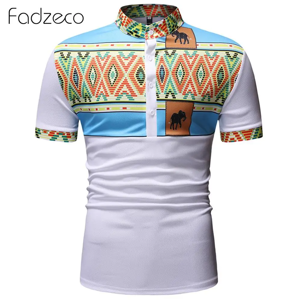 Fadzeco Мужская африканская футболка летняя Дашики короткий рукав воротник Анри