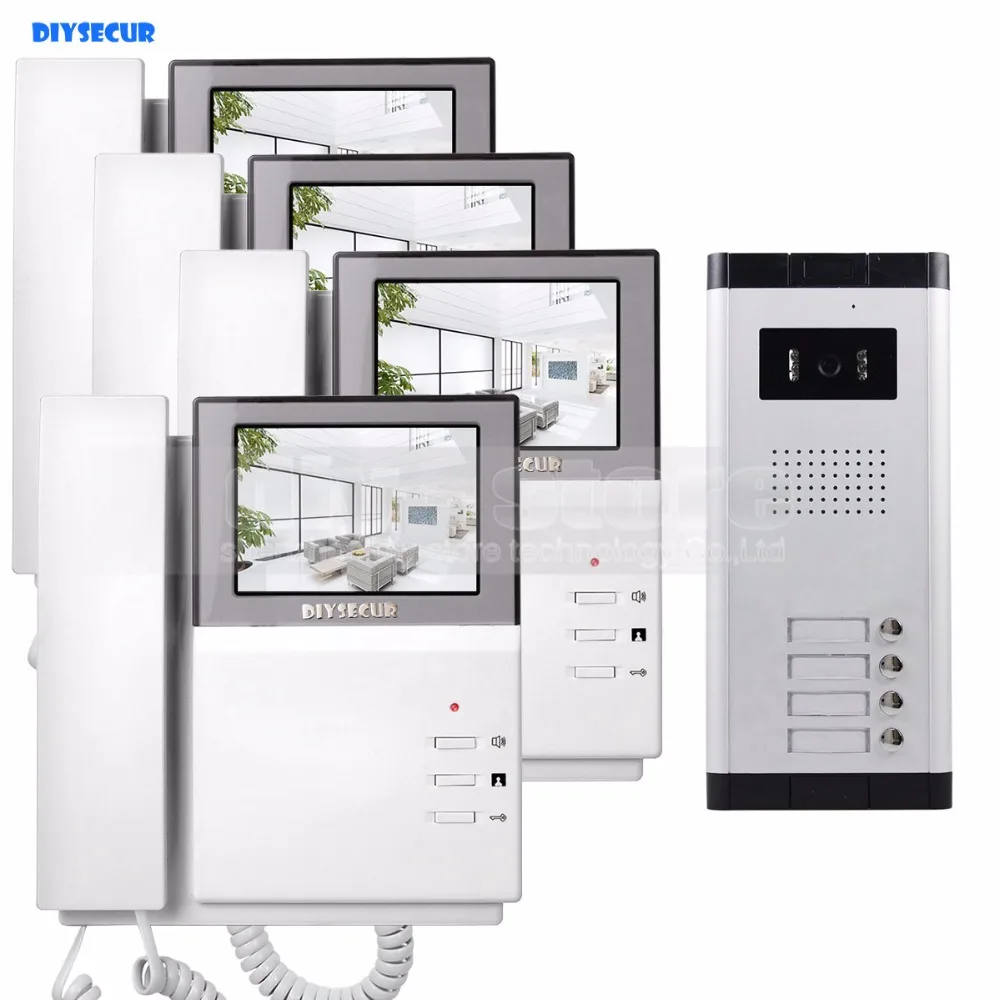 DIYSECUR 4.3 "HD Monitor Appartement Video Deurtelefoon Video Intercom Deurbel Systeem 700 TVLine IR Camera Touch Key voor 4 Gezinnen