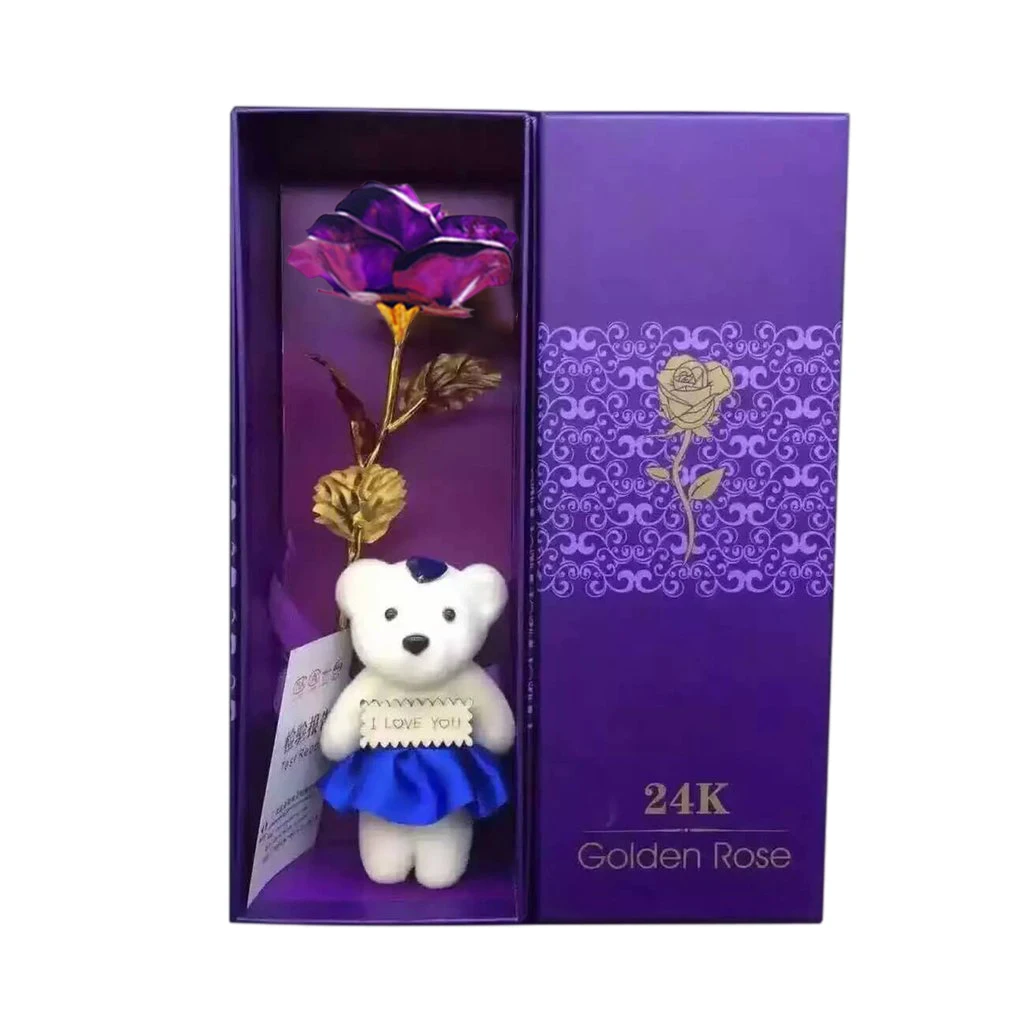 Purple with Bear 24 К Золотая фольга покрытая Роза творческие подарки длится навсегда роза с любовной базой для свадебного рождественского декора любовника с розничной коробкой - Цвет: Purple with Bear
