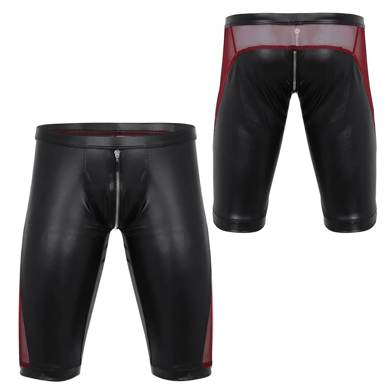 

YiZYiF Men Soft Faux Leather Shorts Fashion Mesh Splice boxer Shorts Zipper Crotch Low Rise Slim Fit Tight Boxer Shorts