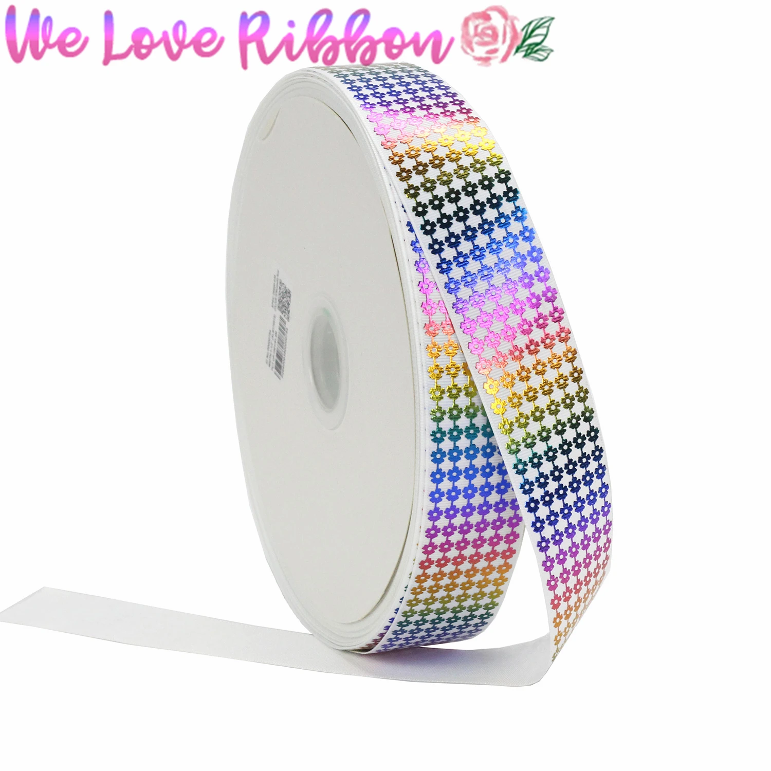 1-1/2&quot38mm Flower Rainbow Hologram Foil Printed Grosgrain Ribbon Solid Color Gift Bowknots Making #029 White 10yards/roll | Дом и сад