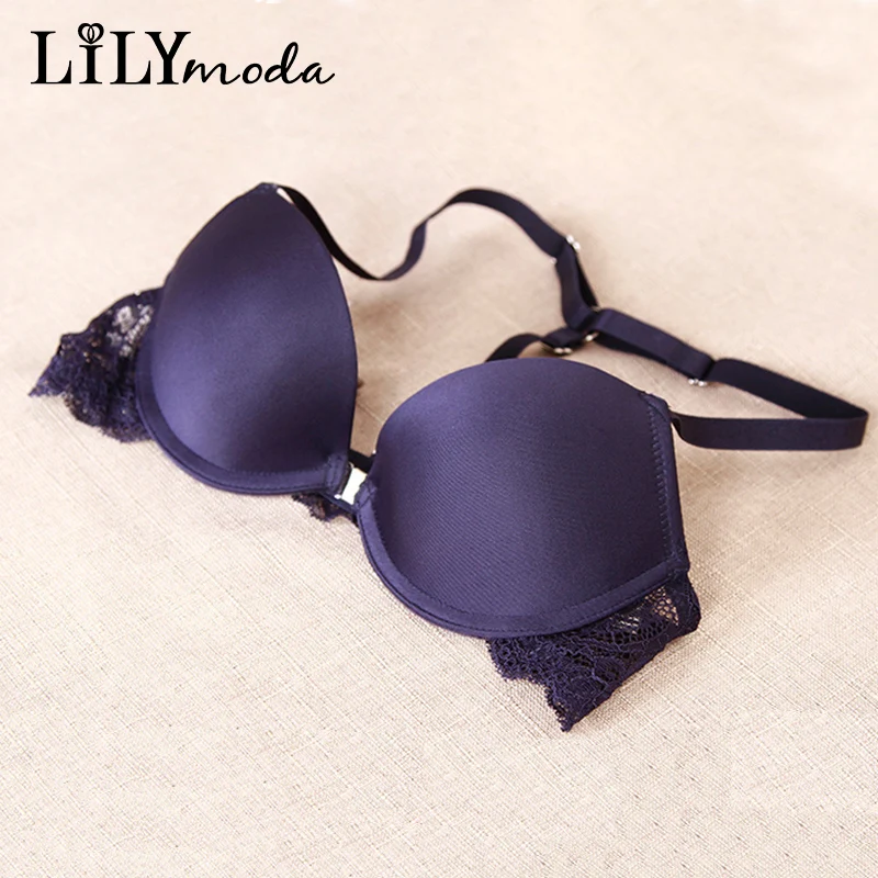 Lilymoda, женский сексуальный Гладкий бесшовный бюстгальтер-футболка, кружевной бюстгальтер с эффектом пуш-ап и застежкой спереди, y-образные лямки, женский бюстгальтер, нижнее белье, нижнее белье