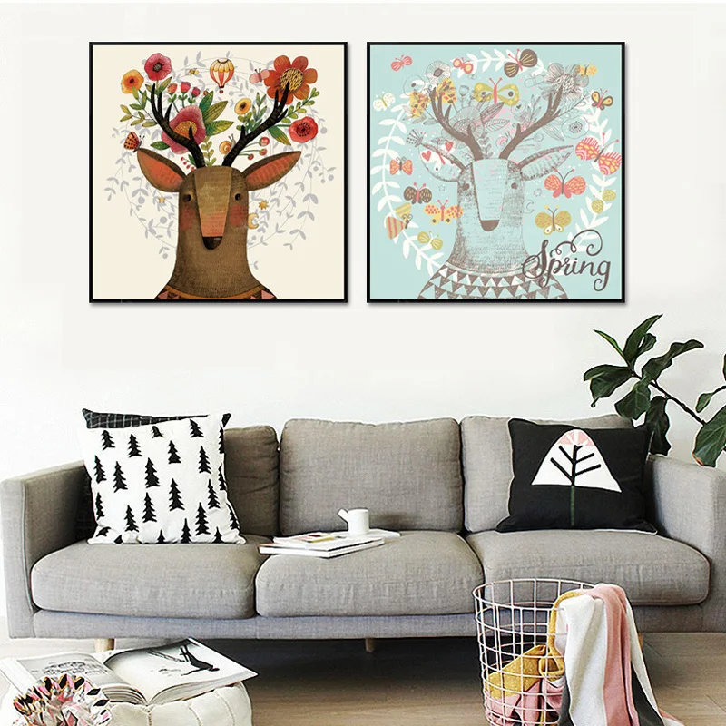 

HAOCHU Vintage Animal Deer Head Spring Flower Cartoon Canvas Painting Art Print Poster Wall Pictures for Home Nordic Decoration