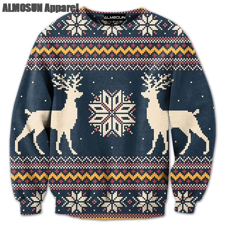 Рождественский 3D сплошным принтом пуловер с круглым вырезом кофты хипстерская